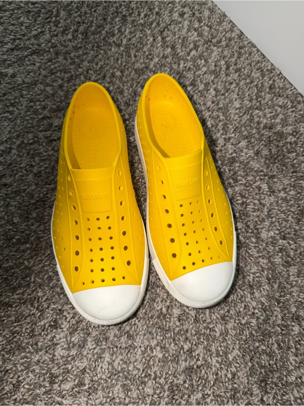 Yellow Slip-On Native Shoes with White Toe